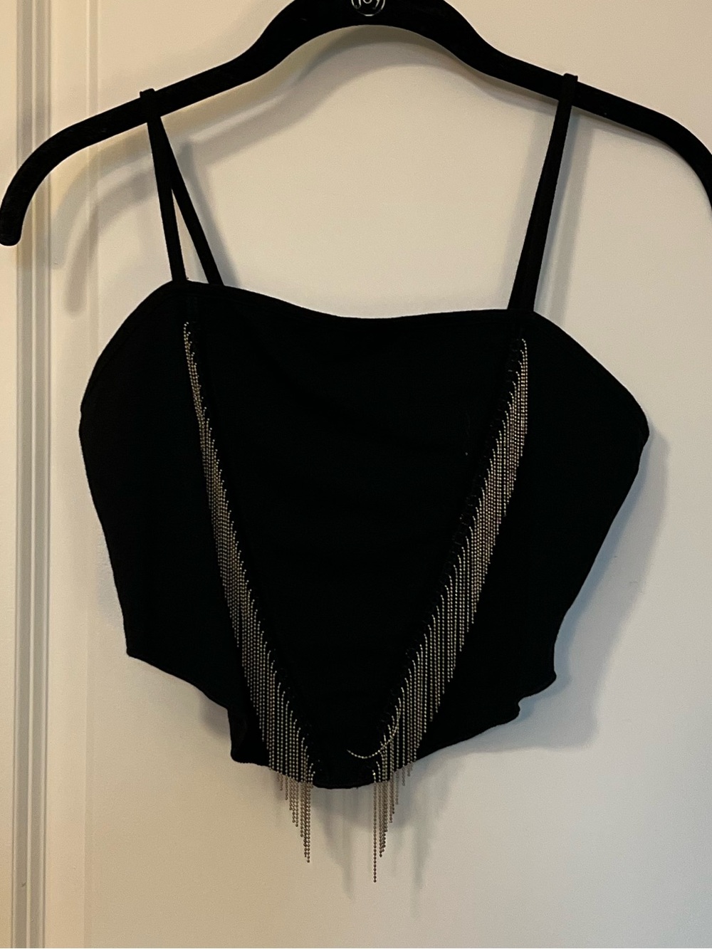 Black Chain-Trim Fringe Crop Tank Top